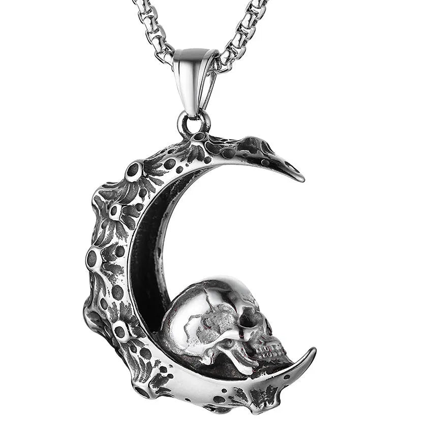 Men's silver stainless steel necklace with alloy skull pendant