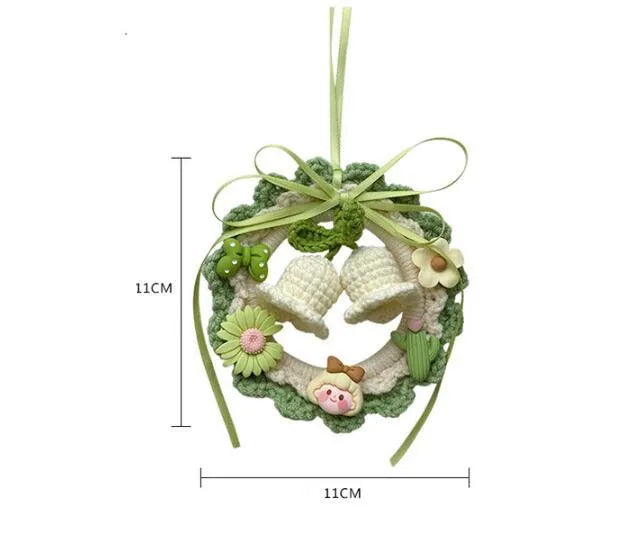 Woven wool bell orchid car hanger pendant in green colour with dream catcher accessory