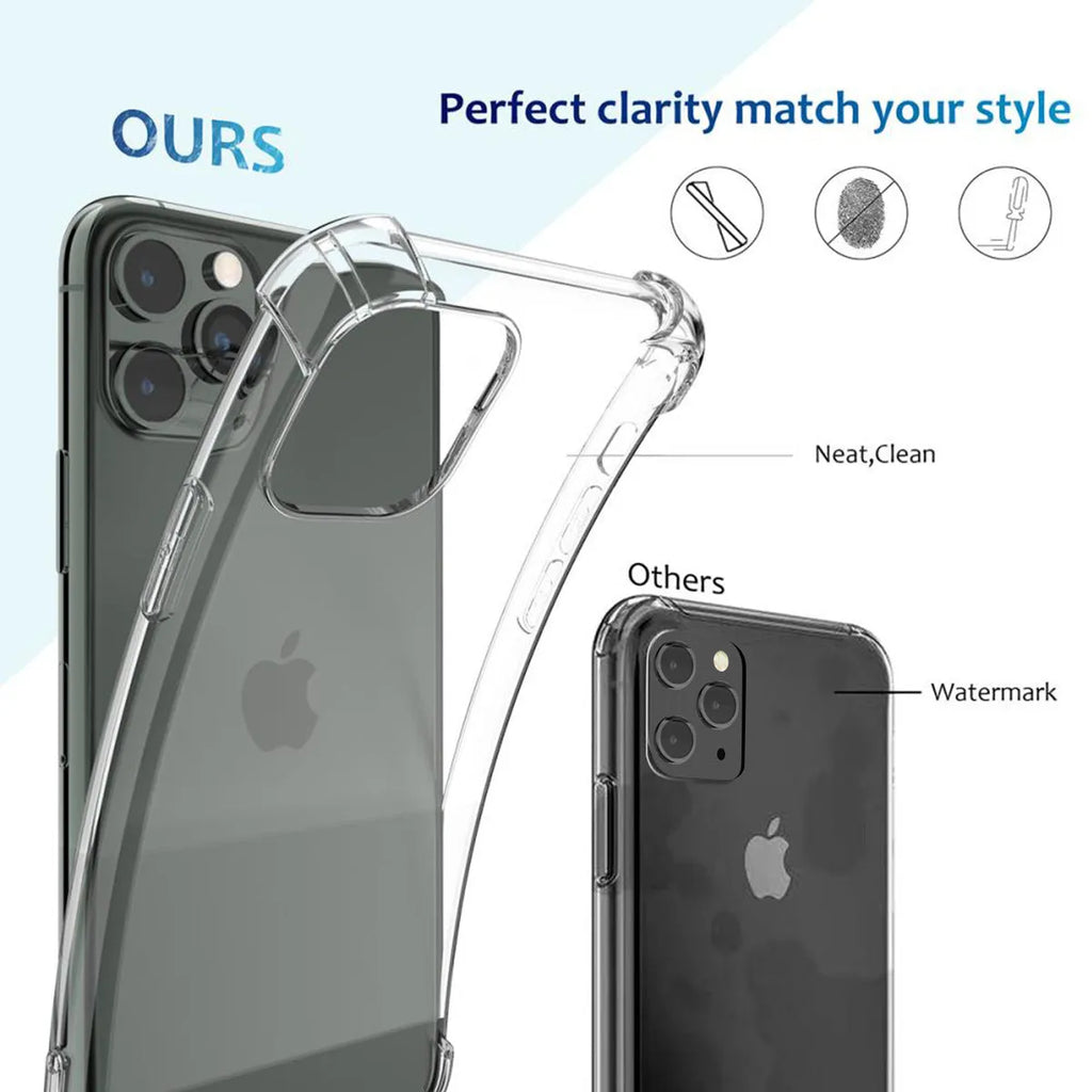 Transparent clear TPU shockproof case for iPhone shown on a phone.