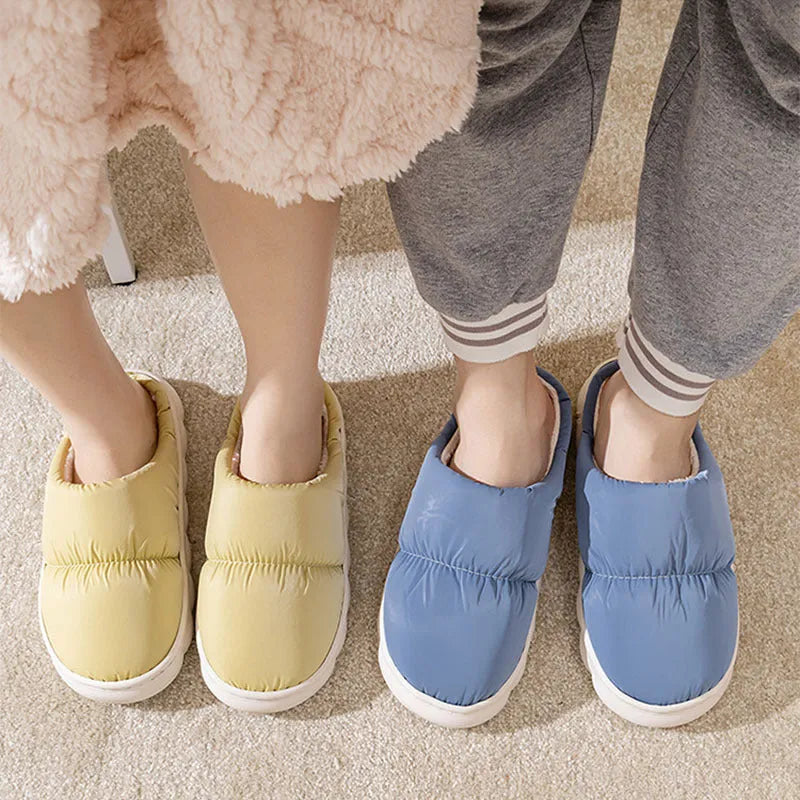 Down cotton slippers with thick rubber soles and artificial leather uppers in multiple colours