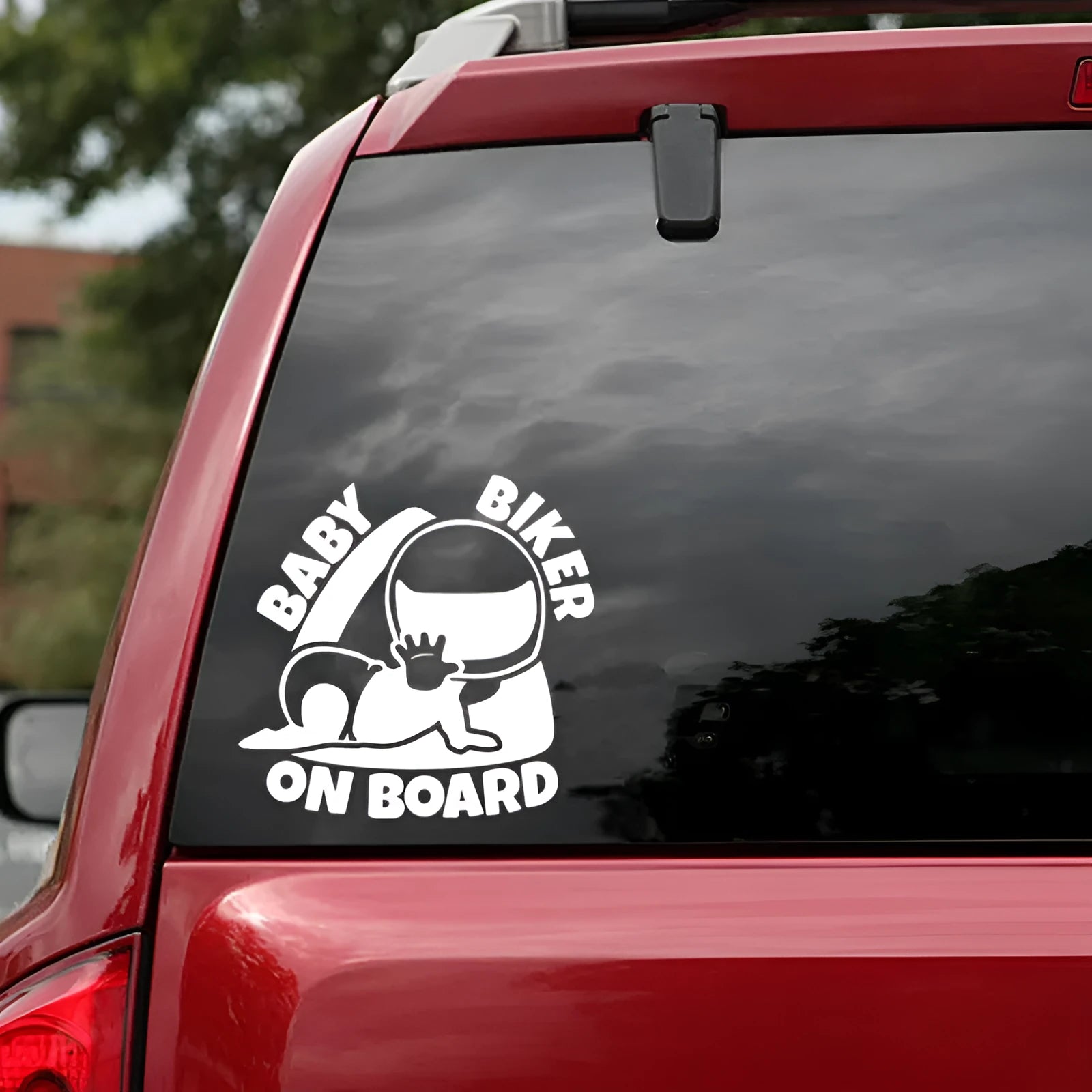 Reflective black and white Baby On Board car sticker measuring 14.5cm by 15cm
