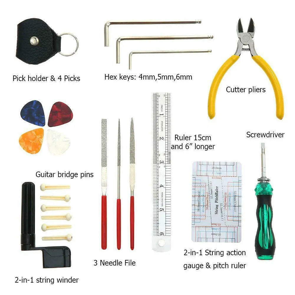 Black guitar repair tool kit open to show metal and plastic maintenance tools for guitars and other string instruments.