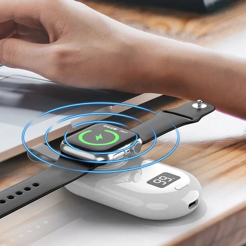 Compact black and white wireless power bank for V5 smartwatches with Type-C port