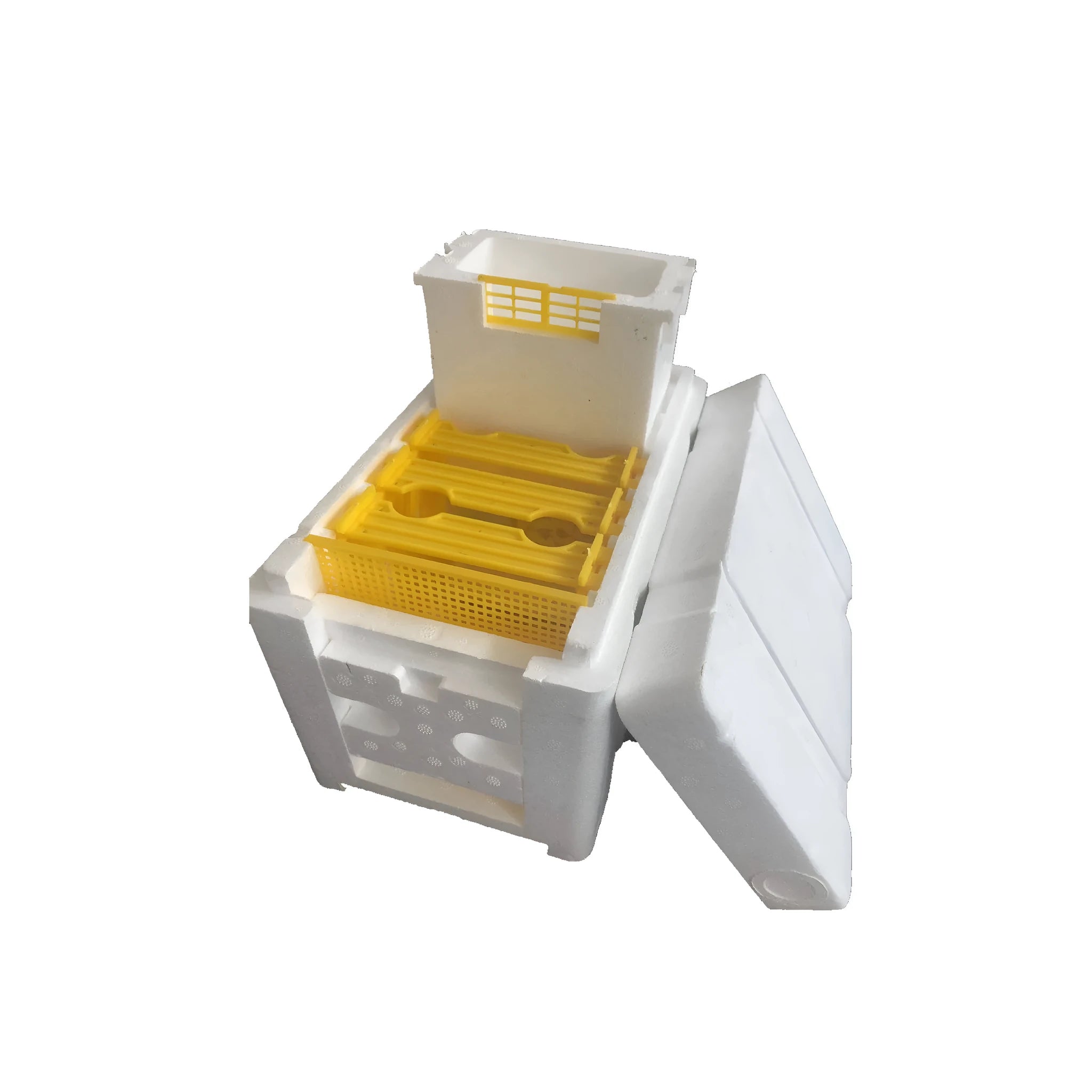 Three white EPS foam bee hive boxes for mating and breeding procedures