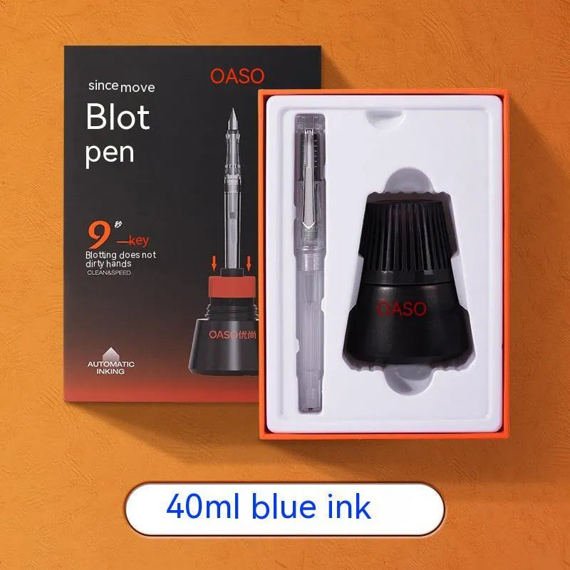 Automatic suction pen set with 0.38mm and 0.5mm pen heads, ink feeder with 40ml ink, plastic shell construction