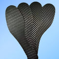 Black 3K carbon fibre running insoles shown in three thickness options: 0.8mm, 1.0mm, and 1.2mm.