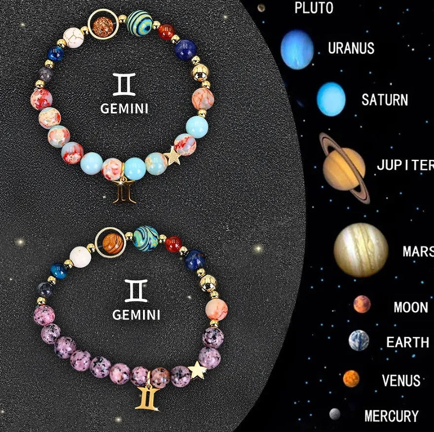 Two natural stone beaded bracelets featuring twelve zodiac sign symbols for astrology lovers.