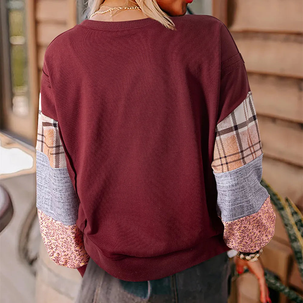 Women's plaid stitching long-sleeved top in apricot colour, loose casual style