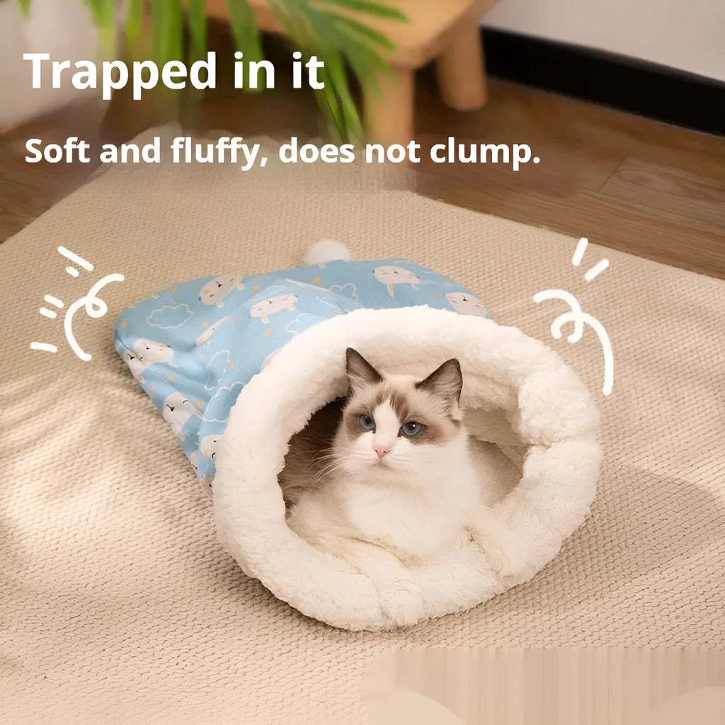 Flannel cat sleeping bag nest in blue rabbit design measuring 50 by 40 cm