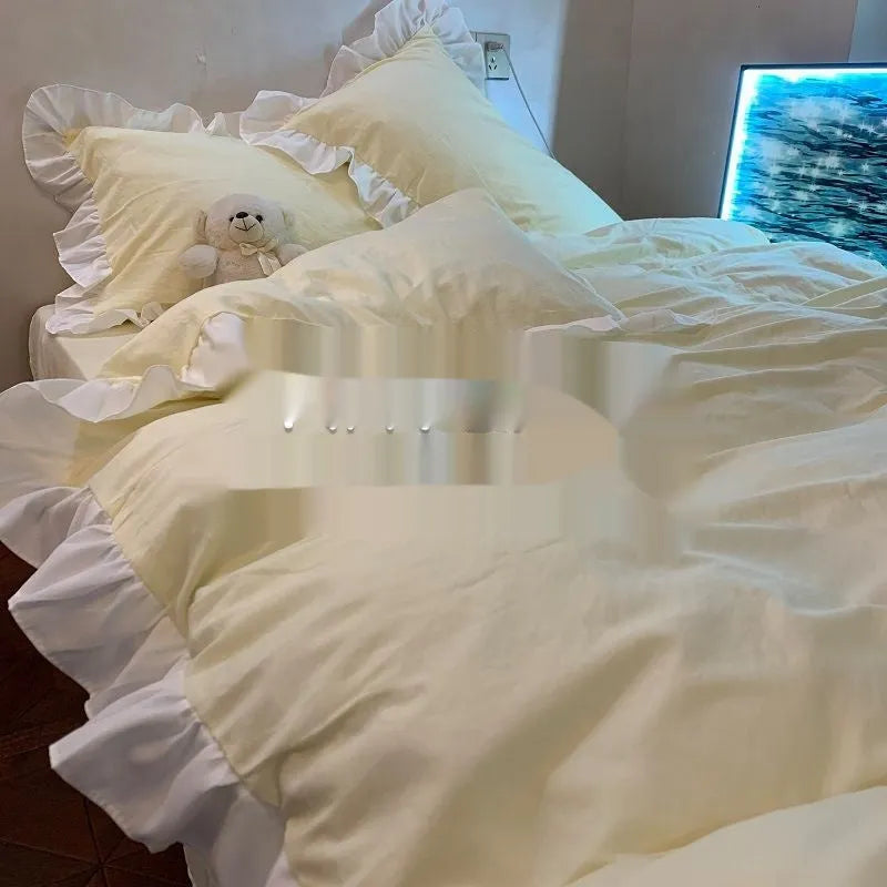 Mori style solid colour linen quilt cover and pillowcases on a bed