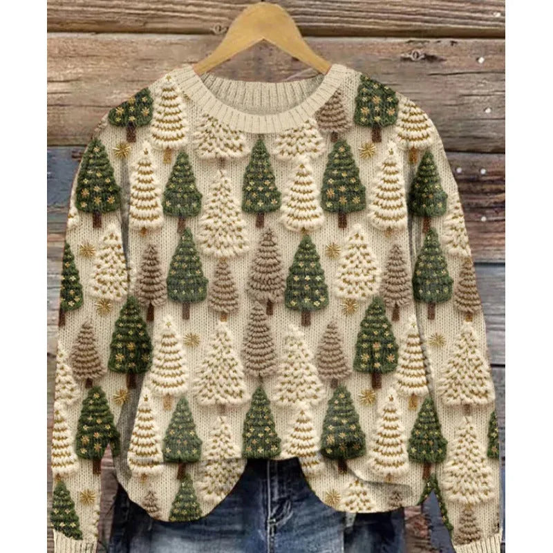 Women's lilac floral printed round neck sweater on a hanger showing the knitted texture.