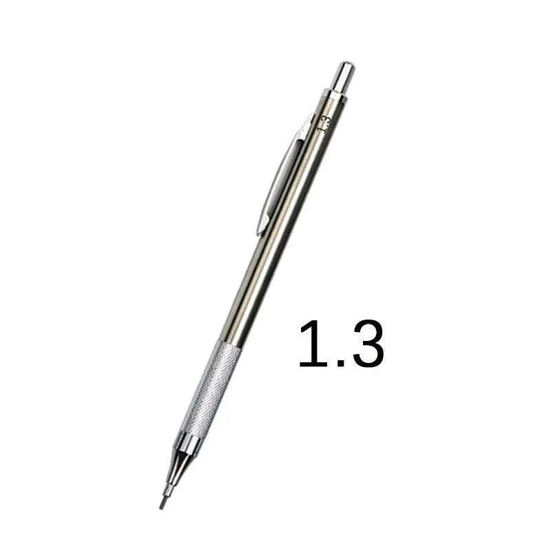 Metal automatic mechanical pencil shown with selection of compatible lead sizes including 0.5mm and 2.0mm.