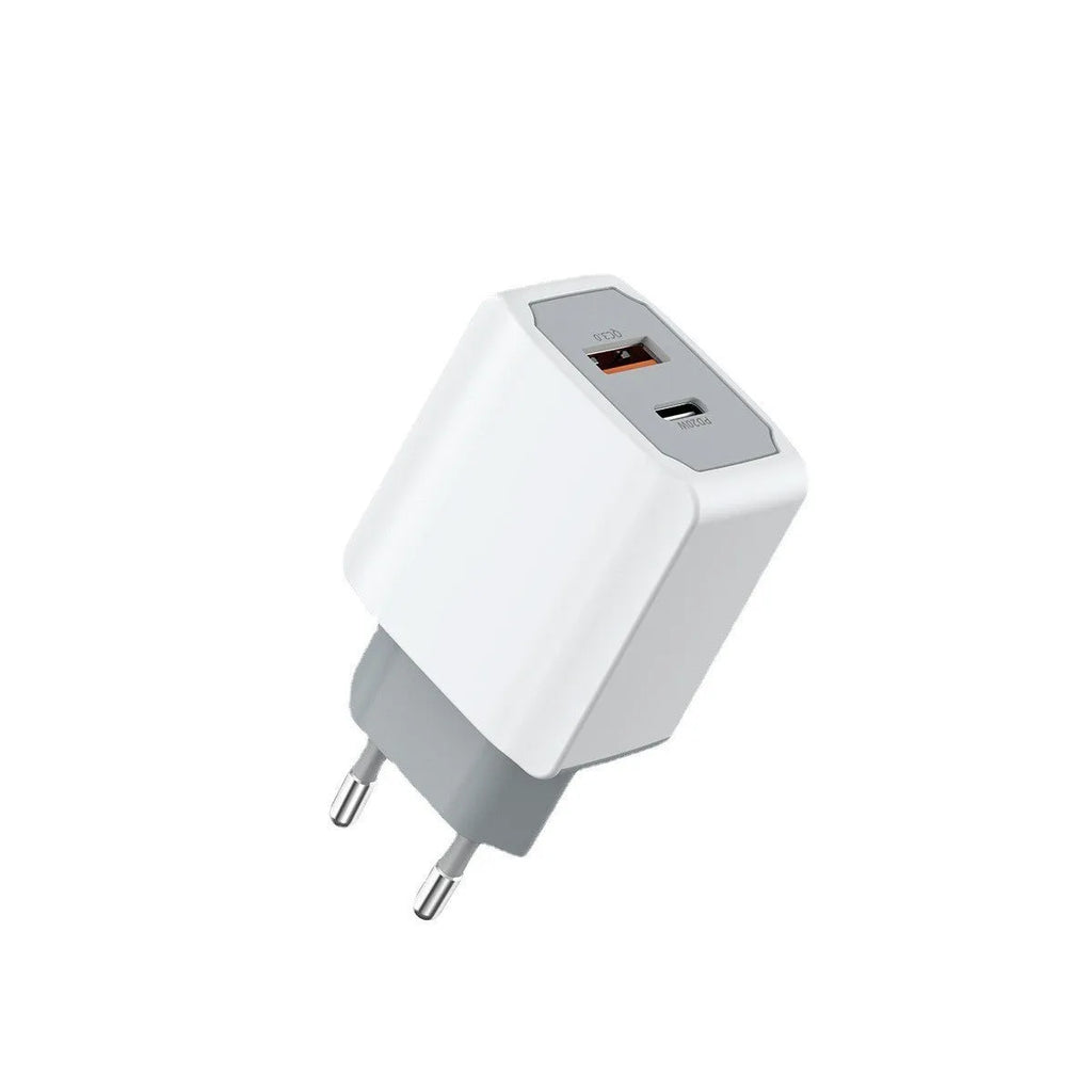 White European fast charger set with ABS PC housing showing 42mm compact dimensions