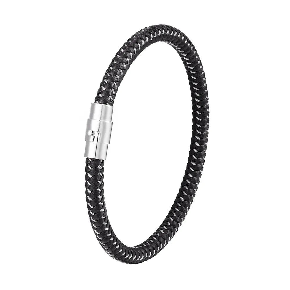 Men's geometric titanium steel wire bracelet with a magnetic clasp shown on a wrist.