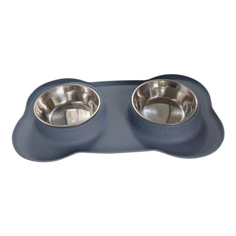 Large double pet bowl with stainless steel inner and silicone outer in black, blue, pink, silver gray or sky blue