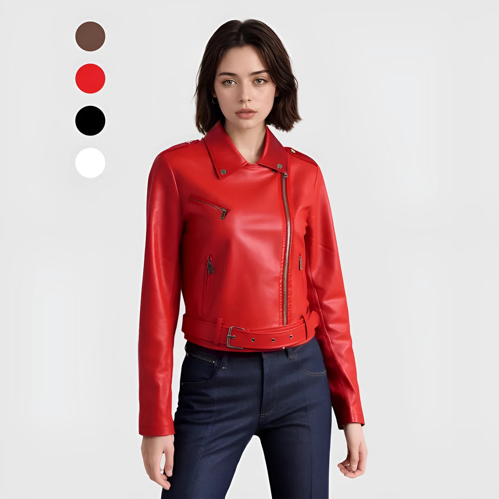 Women's black PU leather jacket with lapel short belt in street fashion style