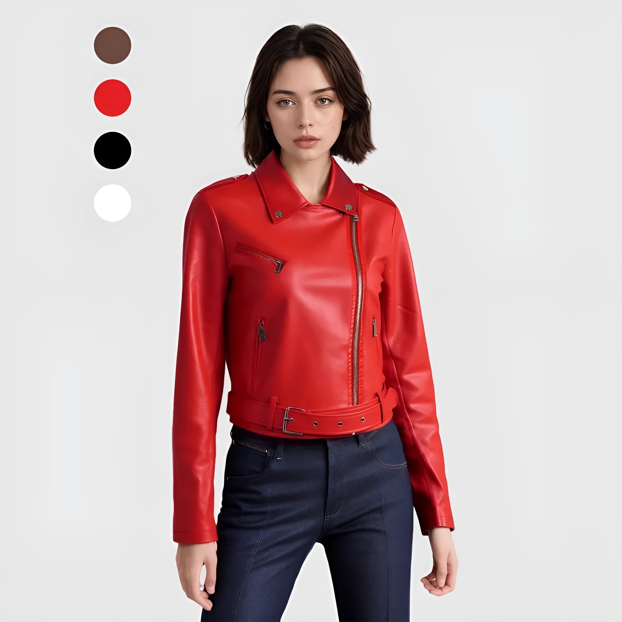 Women's black PU leather jacket with lapel short belt in street fashion style
