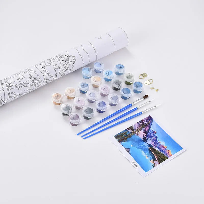 DIY digital oil painting kit showing blue sea view villa pattern on a 40x50cm linen canvas with paints and brushes