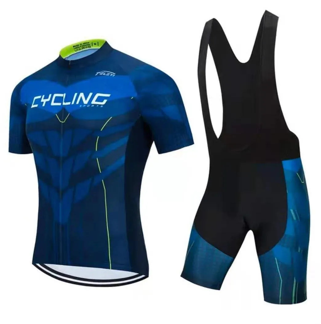 Cycling jersey and padded shorts set for summer mountain and road biking with moisture-wicking fabric