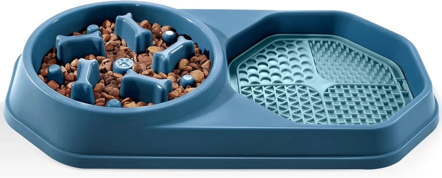 Blue slow feeder dog bowl with maze pattern and non-slip base for small medium dogs.