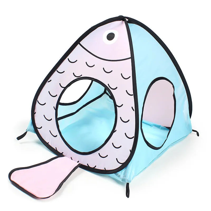 Foldable pet tent and tunnel three-piece play set with cat and fish printed pattern