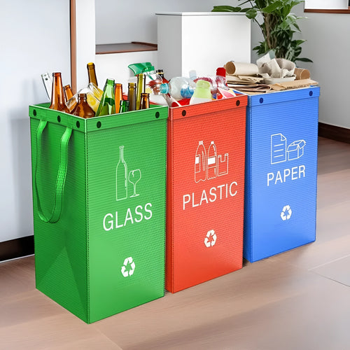 A blue 40-litre waterproof handbag-style rubbish bin made from PP plastic, shown beside furniture.
