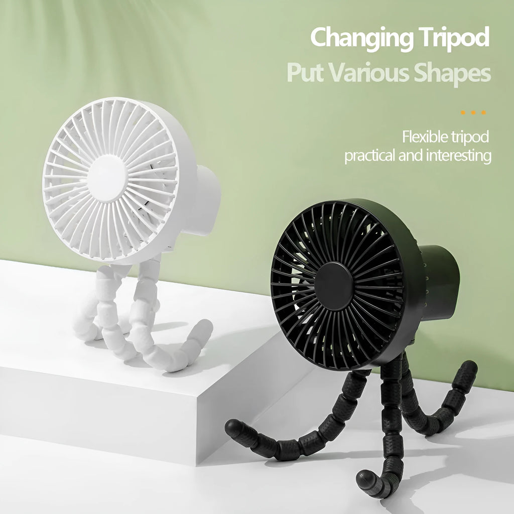 USB rechargeable portable desk fan with flexible octopus tripod and white colour option on a wooden table.