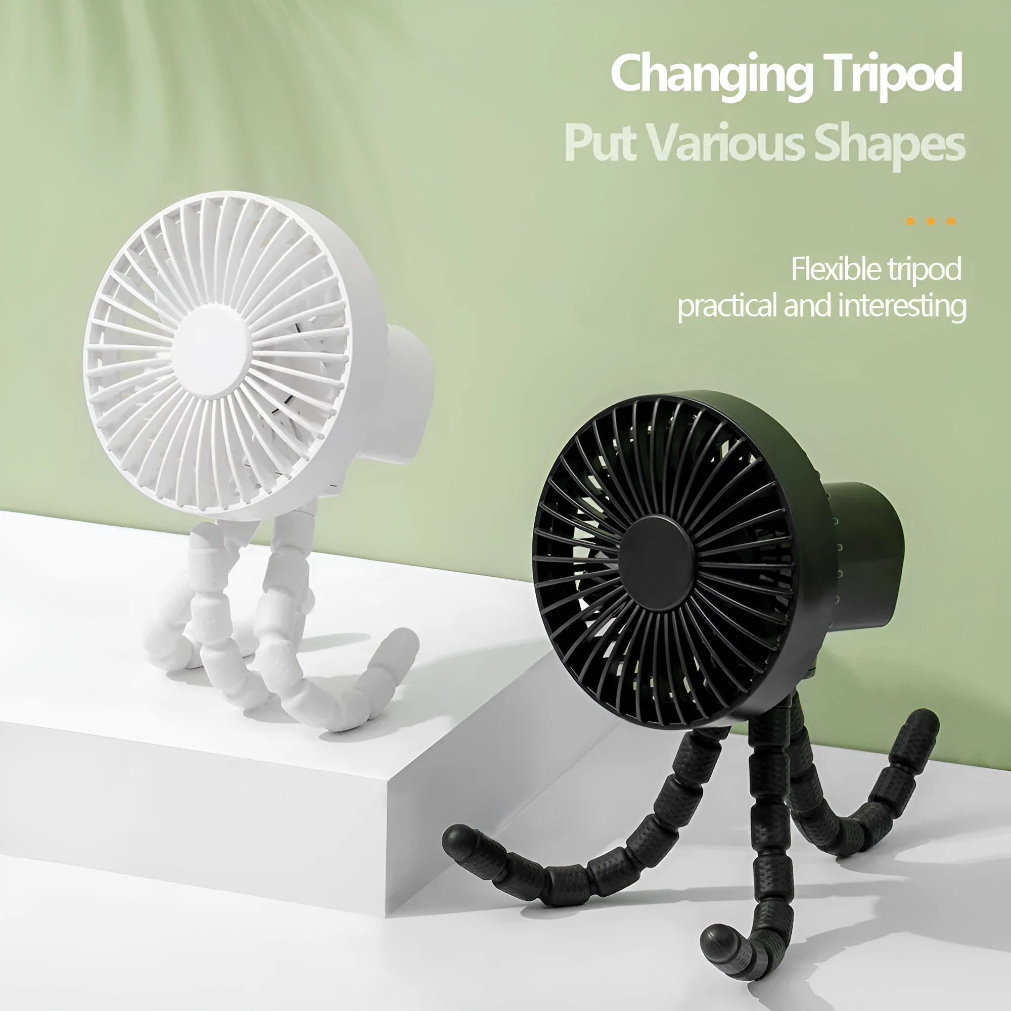 USB rechargeable portable desk fan with flexible octopus tripod and white colour option on a wooden table.