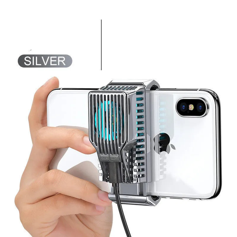 Black mobile phone cooling fan with clip attached to a smartphone, showing aluminium alloy heatsink fins.