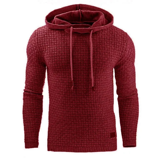 Men's black hoodie sweater made from cotton and polyester blend fabric.