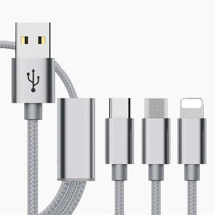 Three-in-one mobile phone charging cable with Micro USB, Type-C and Lightning connectors in various colours