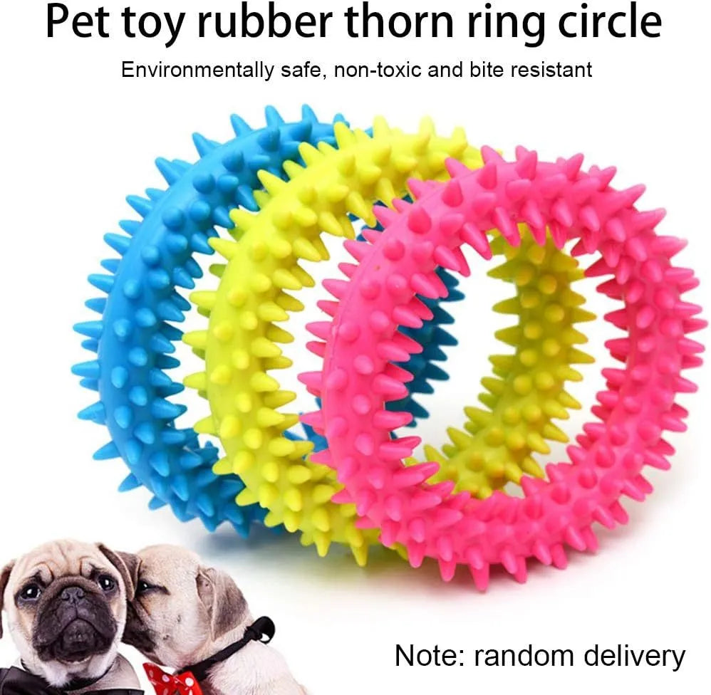 TPR spiky circle ring dog chew toy with dental cleaning nubs in blue colour