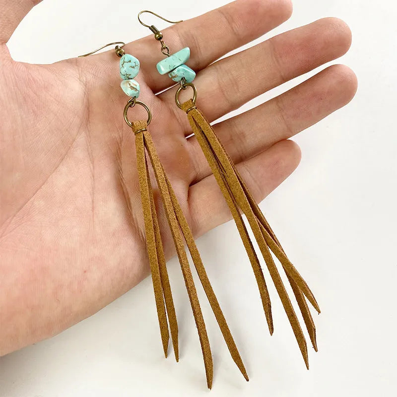 Retro long leather tassel earrings geometric shape women's gift black brown white