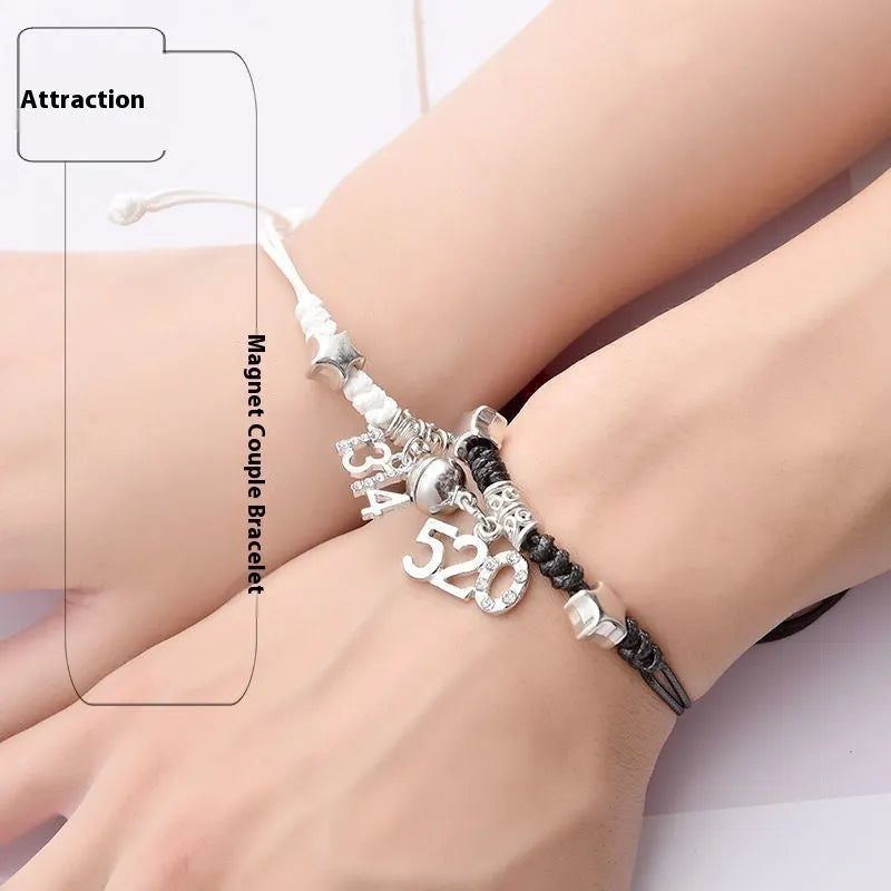 Magnetic couple bracelets with crown and diamond designs in alloy electroplated construction