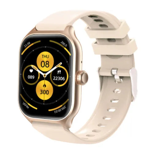 Black Bluetooth smart watch with touch screen displaying heart rate and step count data