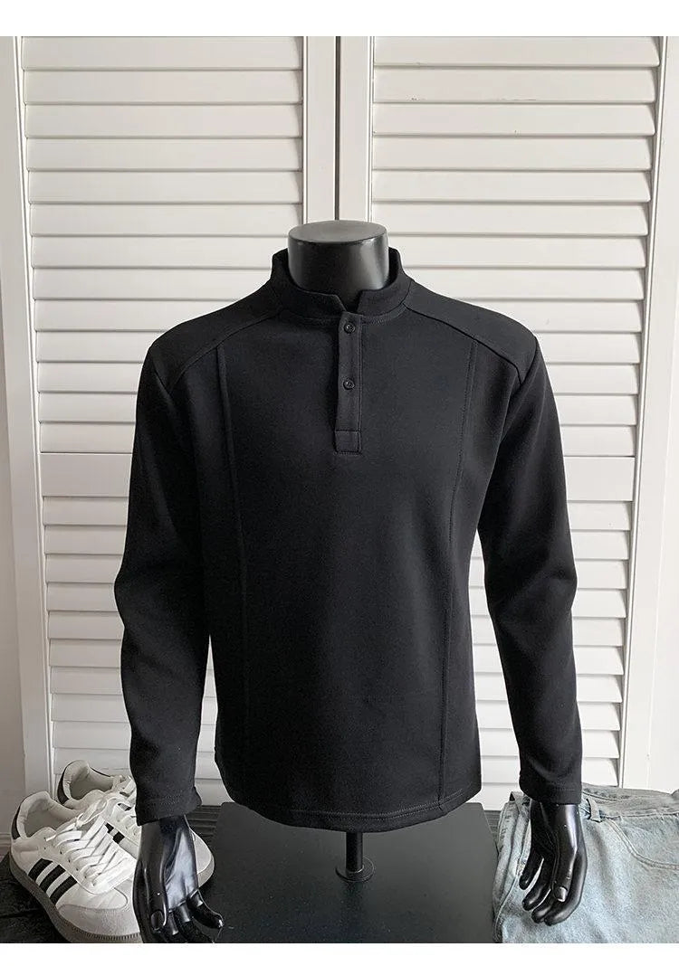 Men's polo shirt with stand-up collar and patchwork shoulder detail in loose fit