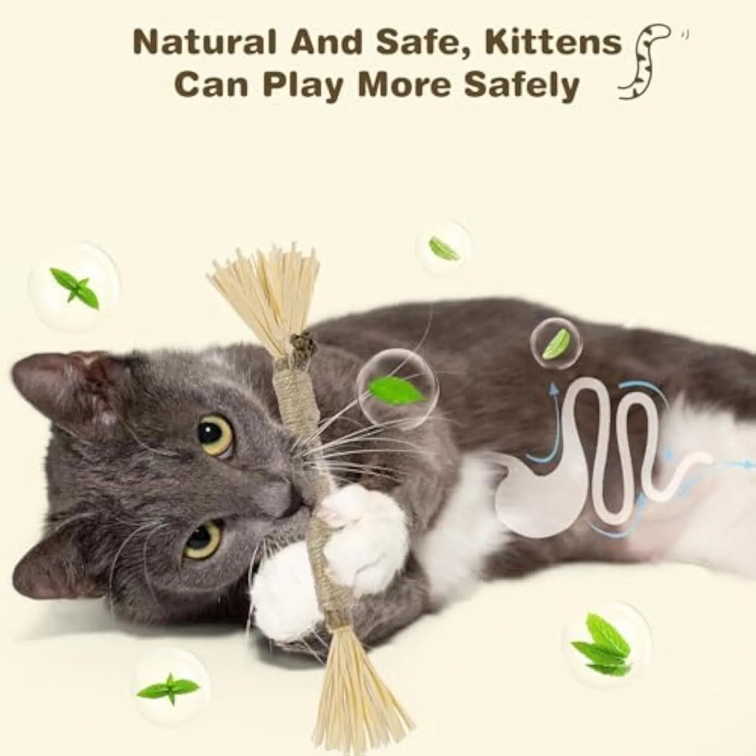Three natural silvervine chew sticks for cats with sisal rope, shown with Fine and Thick diameter options.