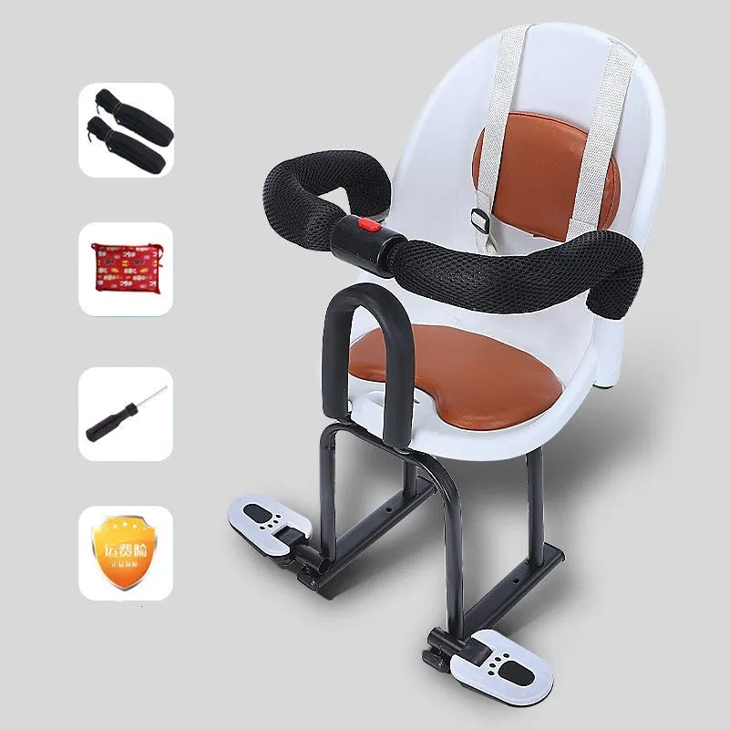 Steel-framed front seat for a child on an electric scooter, shown in black colour.