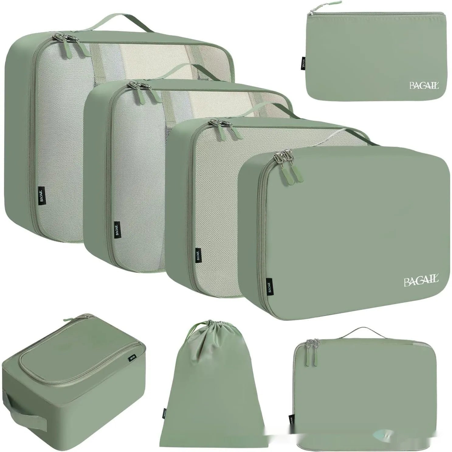 Set of eight cubic travel packing bags for underwear organisation in various colours including solid shades and patterns