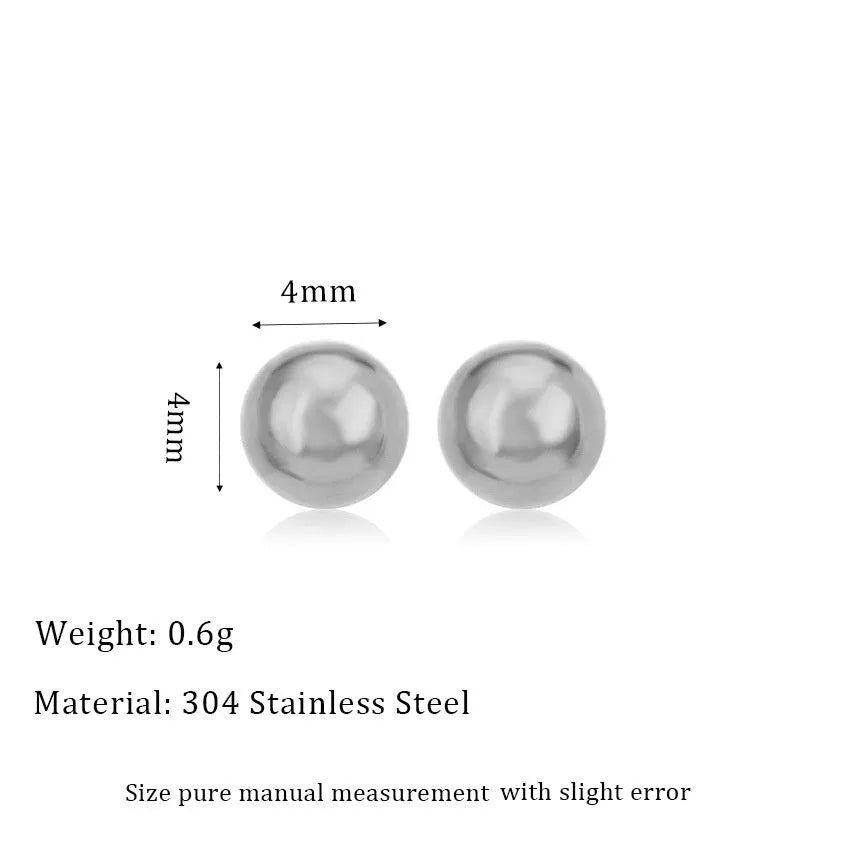 Minimalist stainless steel ball stud earrings in gold and silver tones, showing 3mm 4mm 5mm 6mm size difference.