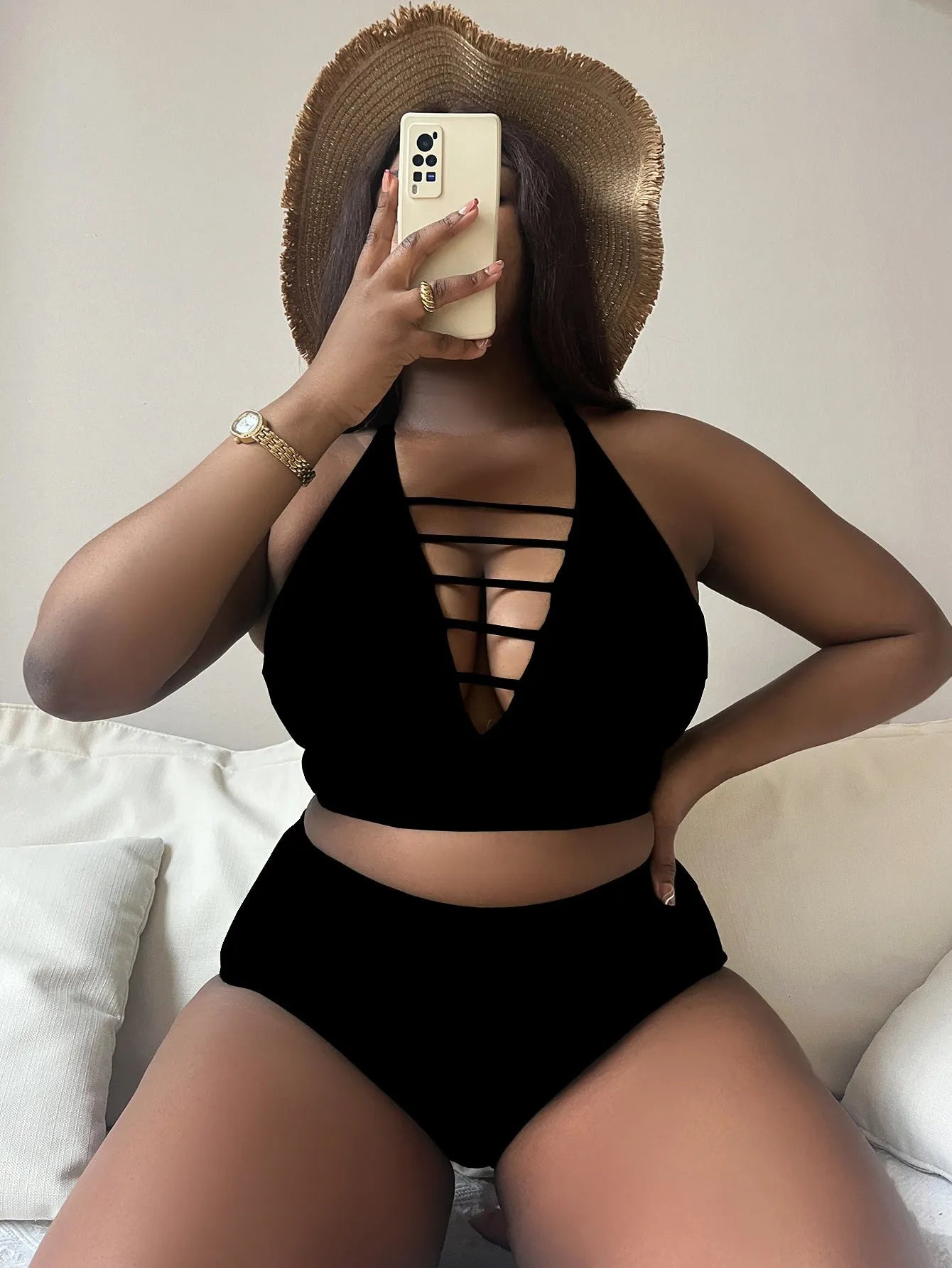 Plus size women's halter bikini set with adjustable cross straps and high waist briefs in solid colour