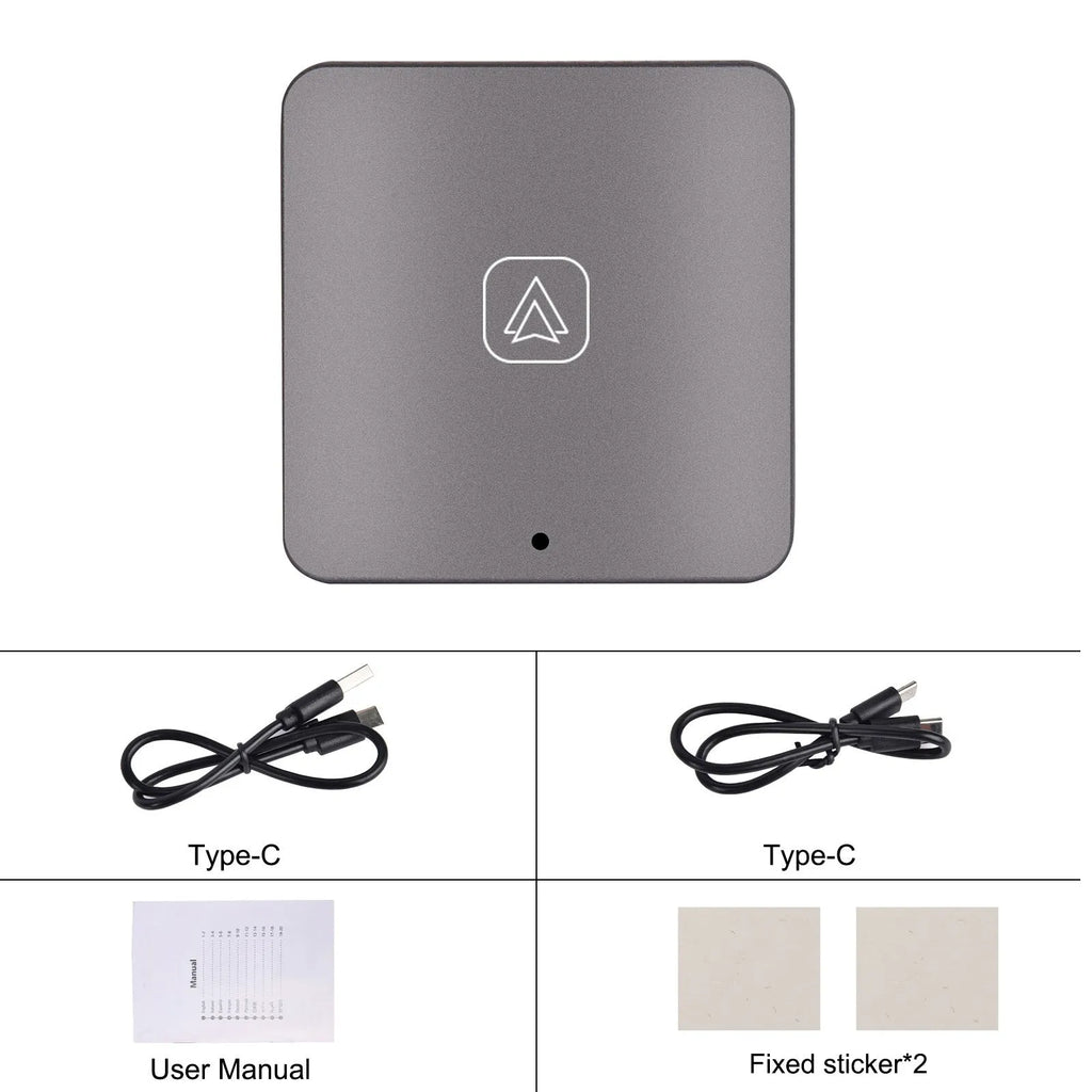 Black wireless CarPlay adapter module with cables for converting wired CarPlay to wireless connectivity