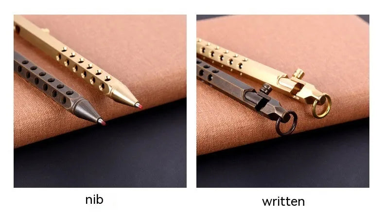 Brass hexagonal bolt rollerball pen with six-sided barrel and 0.5mm writing tip