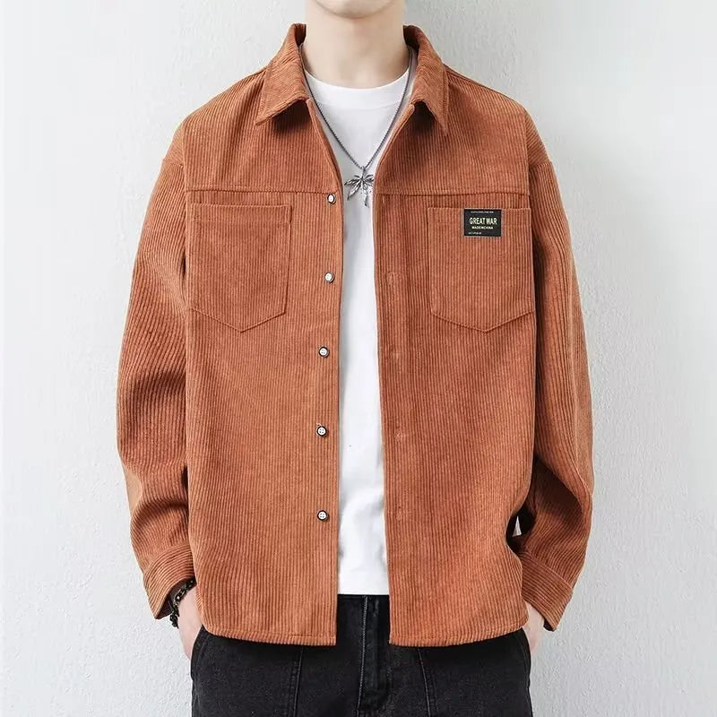 Men's casual long-sleeved corduroy jacket shirt cardigan in black, front view, showing textured fabric