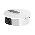 White HD home theatre projector with remote control on a table