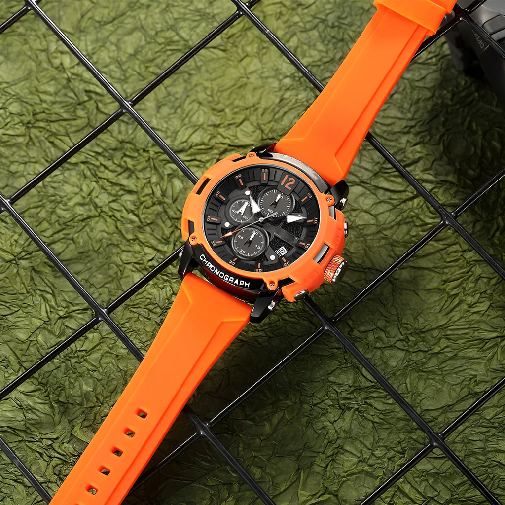 Men's digital watch with luminous display showing time and calendar, waterproof case