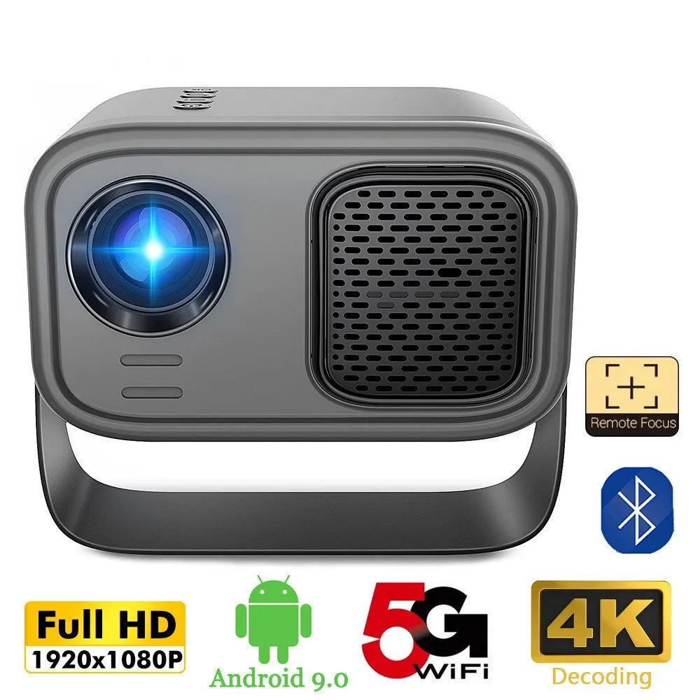 Black portable HD projector with remote control on desk