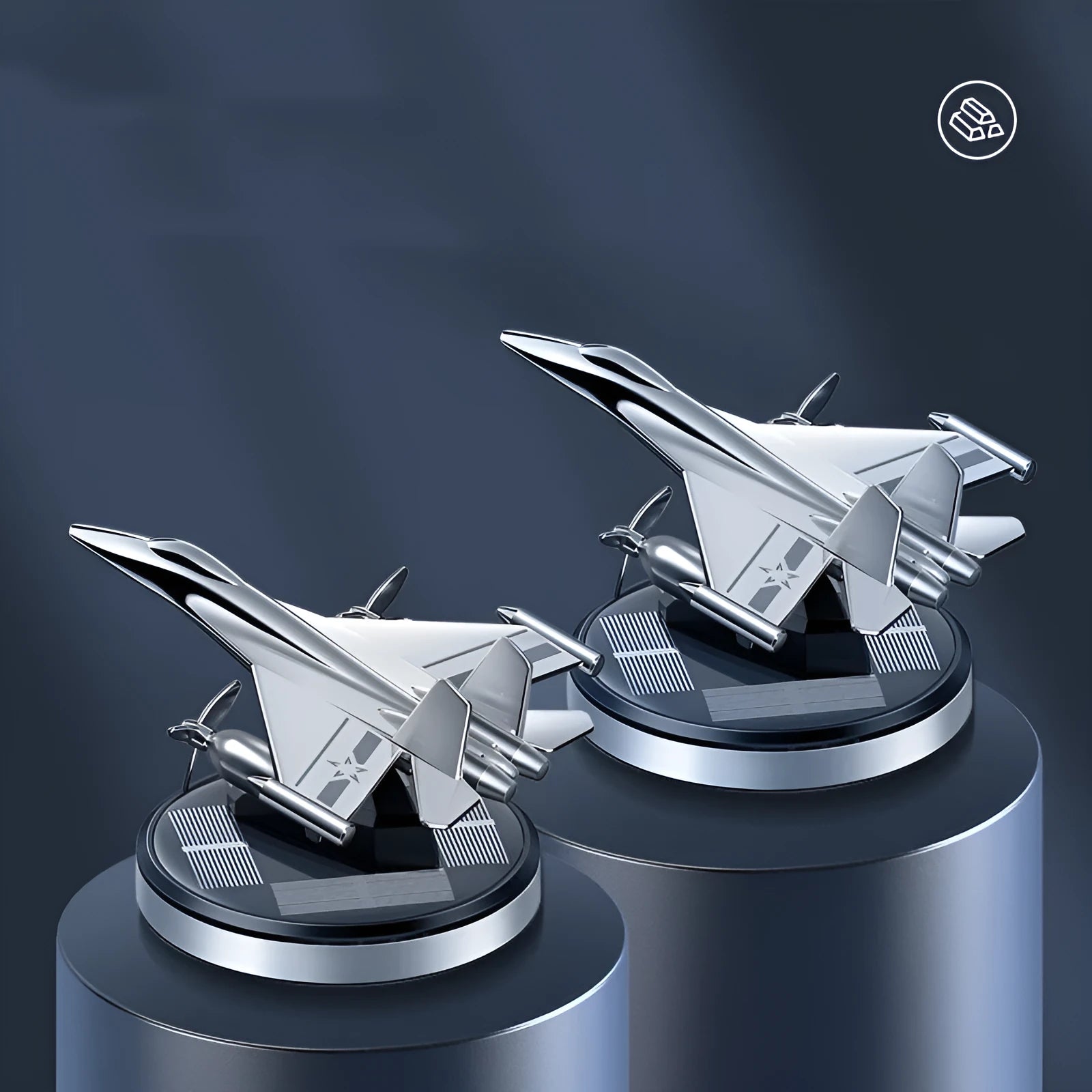 Solar powered rotating silver fighter jet perfume ornament with aluminium alloy seat and essential oil.