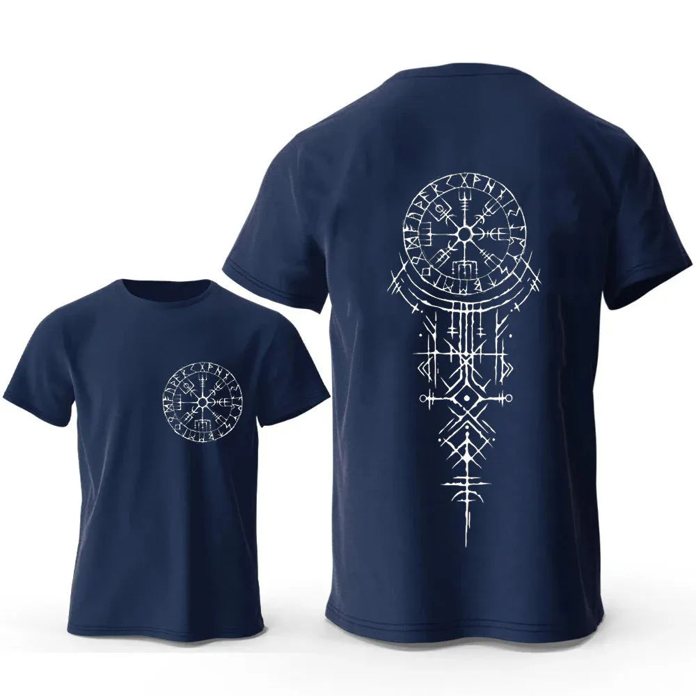 Man wearing a grey t-shirt with a large Viking rune compass graphic printed on the chest.