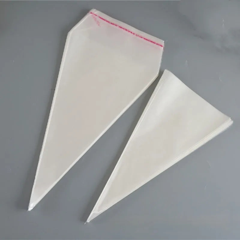 Clear triangle-shaped plastic packaging bag with a white tie wire closure, shown in three different sizes.